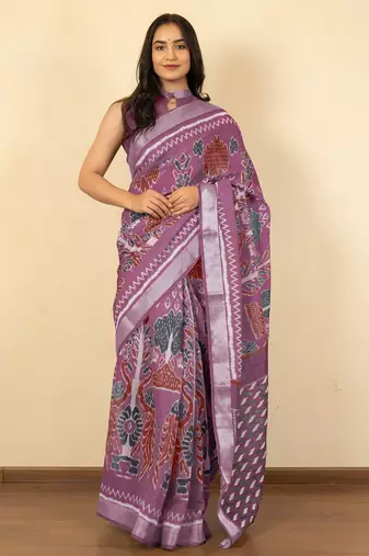 Women's purple ikkat print cotton silk blend saree with unstitched piece