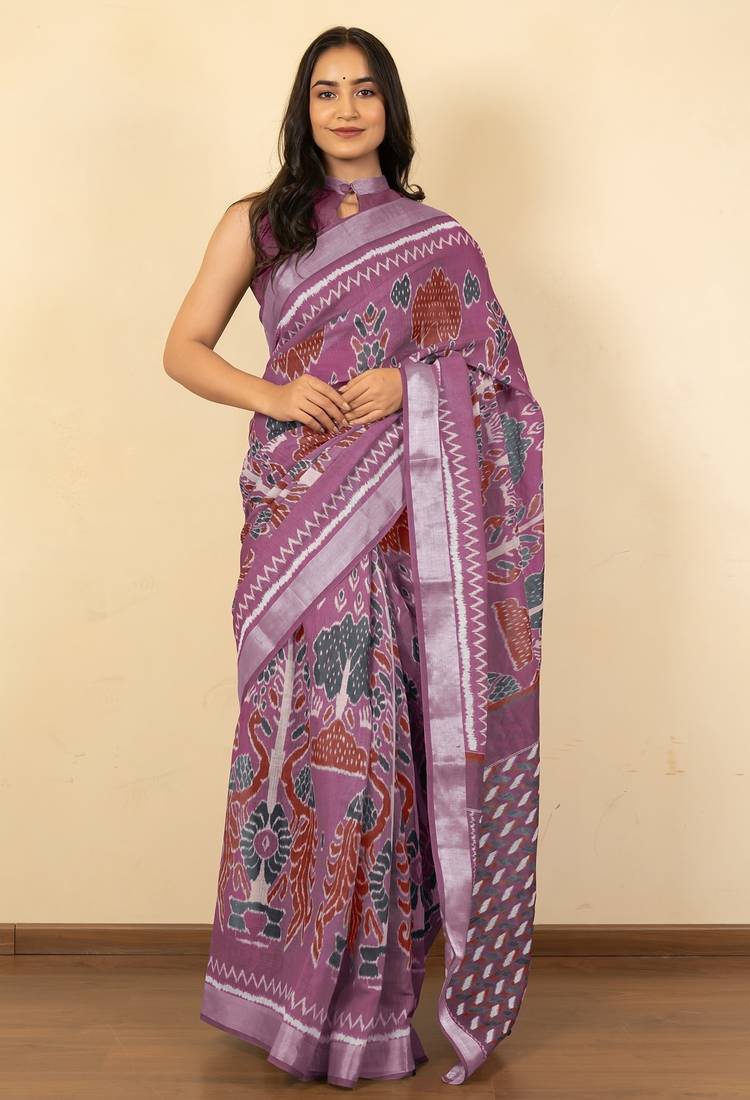 Women's purple ikkat print cotton silk blend saree with unstitched piece