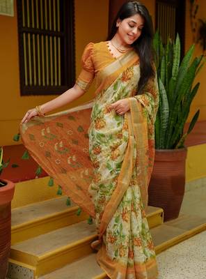 Women's yellow floral cotton blend saree with unstitched piece 3