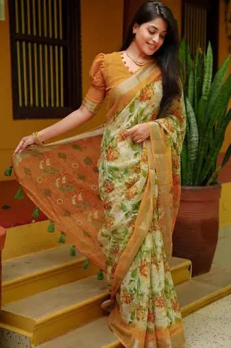 Women's yellow floral cotton blend saree with unstitched piece