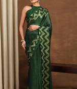 Women's green chevron/zig zag print chiffon saree with unstitched piece