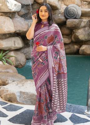 Women's purple ikkat print cotton silk blend saree with unstitched piece 2