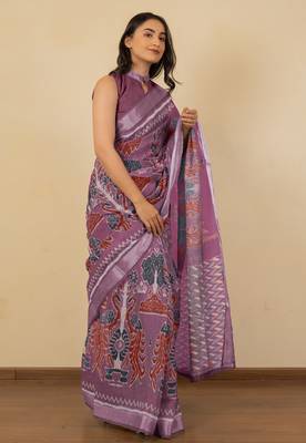 Women's purple ikkat print cotton silk blend saree with unstitched piece 3