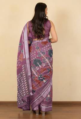 Women's purple ikkat print cotton silk blend saree with unstitched piece 4