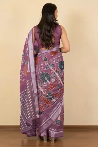 Women's purple ikkat print cotton silk blend saree with unstitched piece