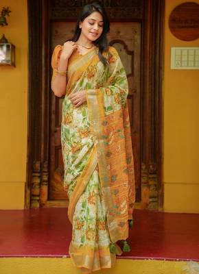 Women's yellow floral cotton blend saree with unstitched piece 5