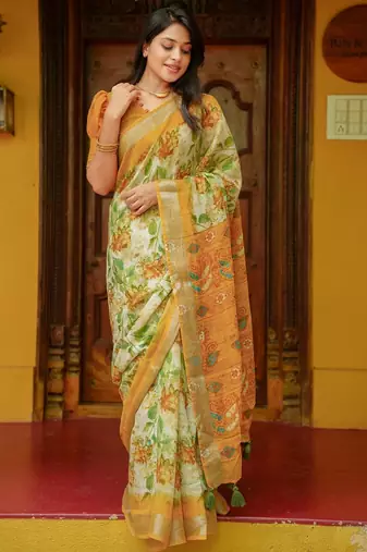 Women's yellow floral cotton blend saree with unstitched piece