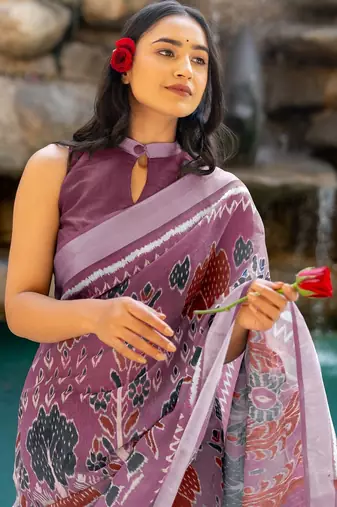 Women's purple ikkat print cotton silk blend saree with unstitched piece