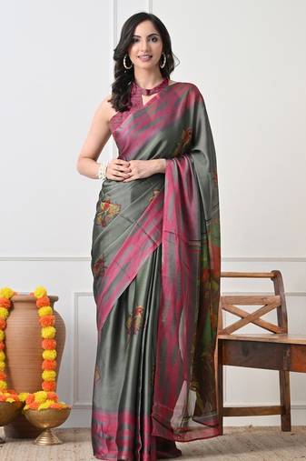 Women's green ethnic motifs print chiffon saree with unstitched piece