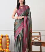 Women's green ethnic motifs print chiffon saree with unstitched piece
