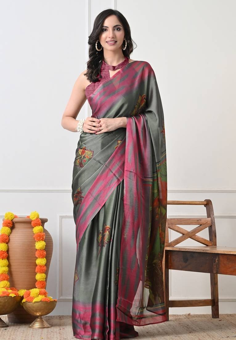 Women's green ethnic motifs print chiffon saree with unstitched piece