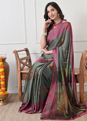 Women's green ethnic motifs print chiffon saree with unstitched piece 2