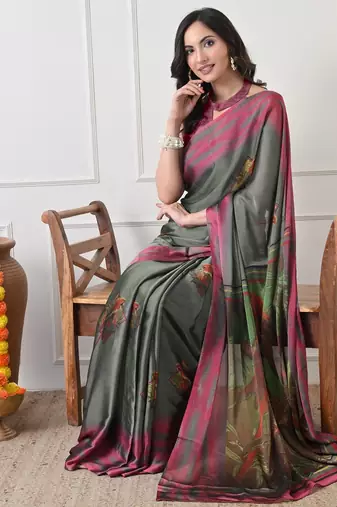 Women's green ethnic motifs print chiffon saree with unstitched piece