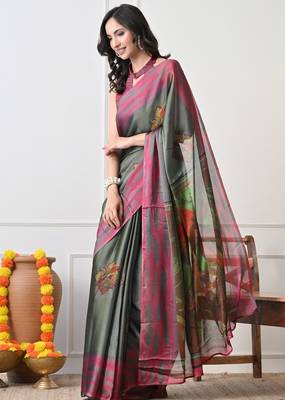 Women's green ethnic motifs print chiffon saree with unstitched piece 3