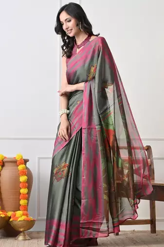 Women's green ethnic motifs print chiffon saree with unstitched piece
