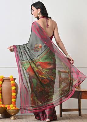 Women's green ethnic motifs print chiffon saree with unstitched piece 4