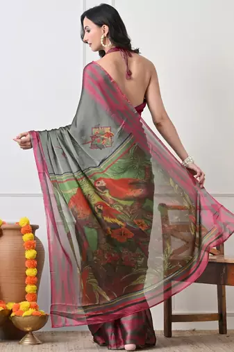 Women's green ethnic motifs print chiffon saree with unstitched piece