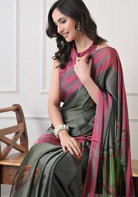 Women's green ethnic motifs print chiffon saree with unstitched piece 5