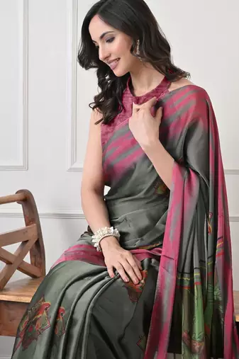 Women's green ethnic motifs print chiffon saree with unstitched piece