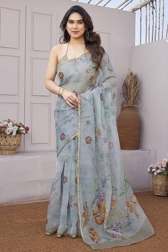 Women's blue floral print chiffon saree with unstitched piece