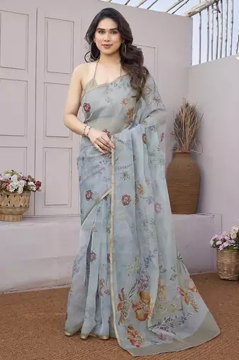 Women's blue floral print chiffon saree with unstitched piece