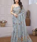 Women's blue floral print chiffon saree with unstitched piece