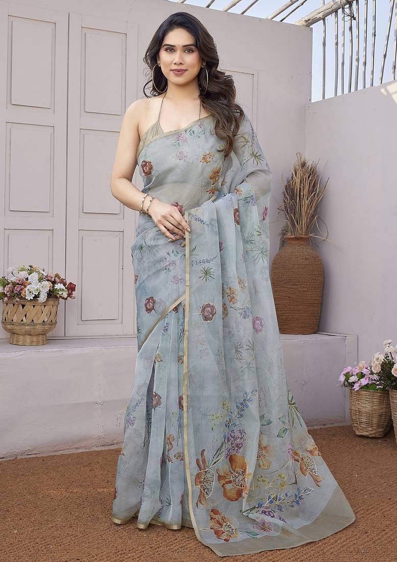 Women's blue floral print chiffon saree with unstitched piece