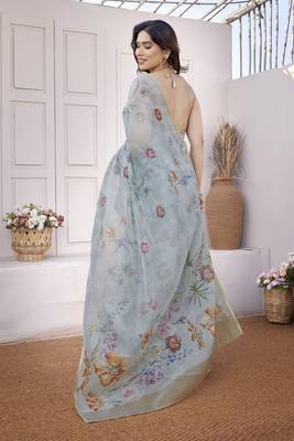 Women's blue floral print chiffon saree with unstitched piece 2