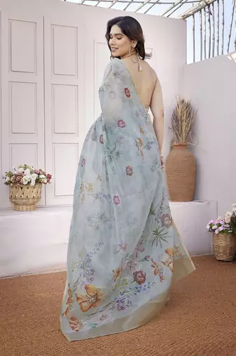 Women's blue floral print chiffon saree with unstitched piece