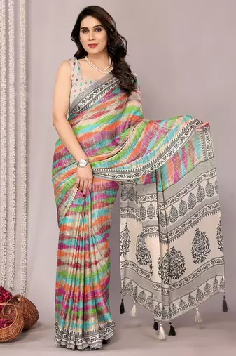 Women's multicolor stripes print chiffon saree with unstitched piece