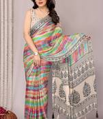 Women's multicolor stripes print chiffon saree with unstitched piece