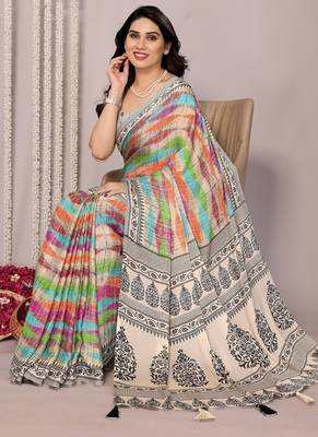 Women's multicolor stripes print chiffon saree with unstitched piece 2