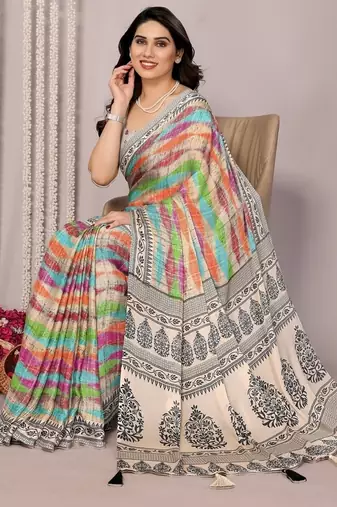 Women's multicolor stripes print chiffon saree with unstitched piece