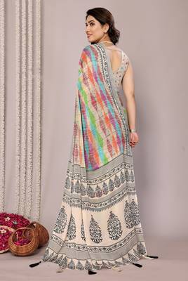 Women's multicolor stripes print chiffon saree with unstitched piece 3