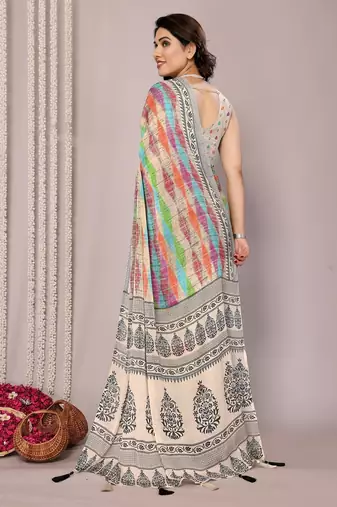 Women's multicolor stripes print chiffon saree with unstitched piece