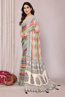 Women's multicolor stripes print chiffon saree with unstitched piece 4
