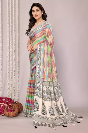 Women's multicolor stripes print chiffon saree with unstitched piece