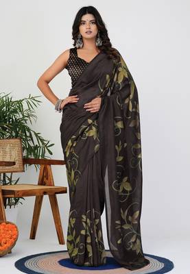 Women's brown floral print silk blend saree with unstitched piece 1