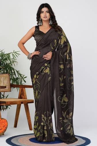 Women's brown floral print silk blend saree with unstitched piece