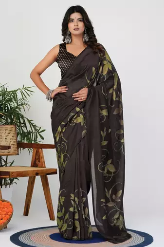 Women's brown floral print silk blend saree with unstitched piece
