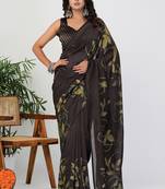 Women's brown floral print silk blend saree with unstitched piece