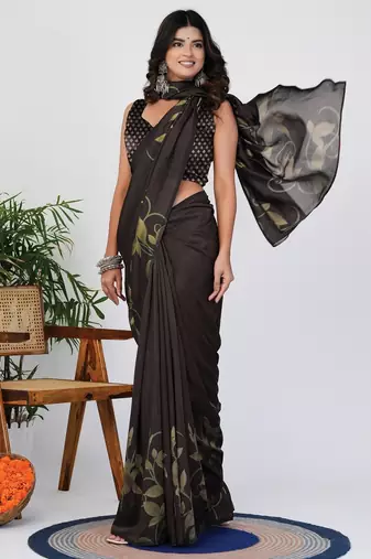Women's brown floral print silk blend saree with unstitched piece