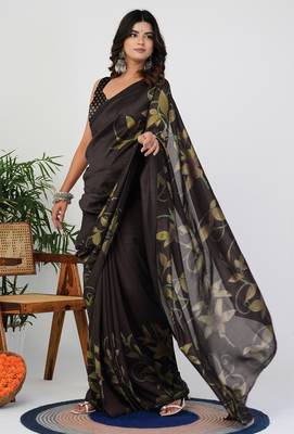 Women's brown floral print silk blend saree with unstitched piece 3