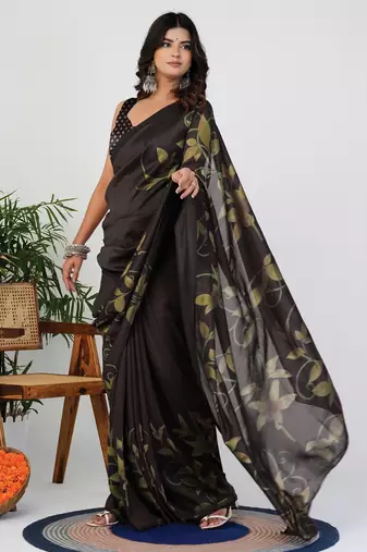 Women's brown floral print silk blend saree with unstitched piece