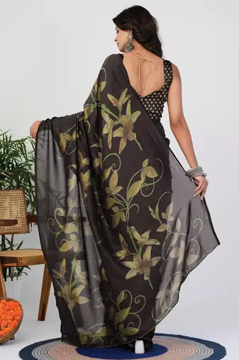 Women's brown floral print silk blend saree with unstitched piece