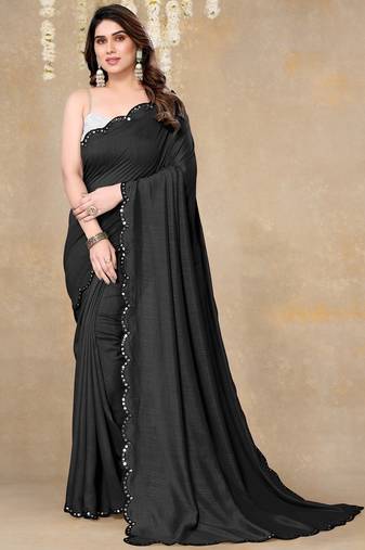 Women's black plain silk blend saree with unstitched piece