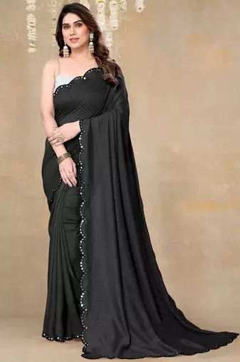 Women's black plain silk blend saree with unstitched piece