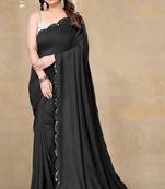 Women's black plain silk blend saree with unstitched piece