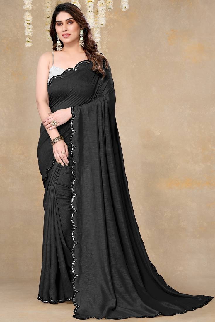 Women's black plain silk blend saree with unstitched piece
