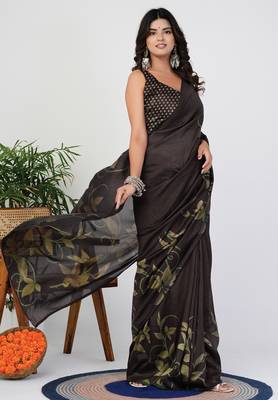 Women's brown floral print silk blend saree with unstitched piece 5